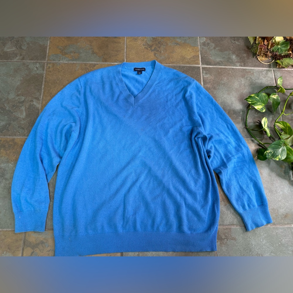 Lands End Sweater Mens 100% Cashmere V Neck Pullover Blue XL